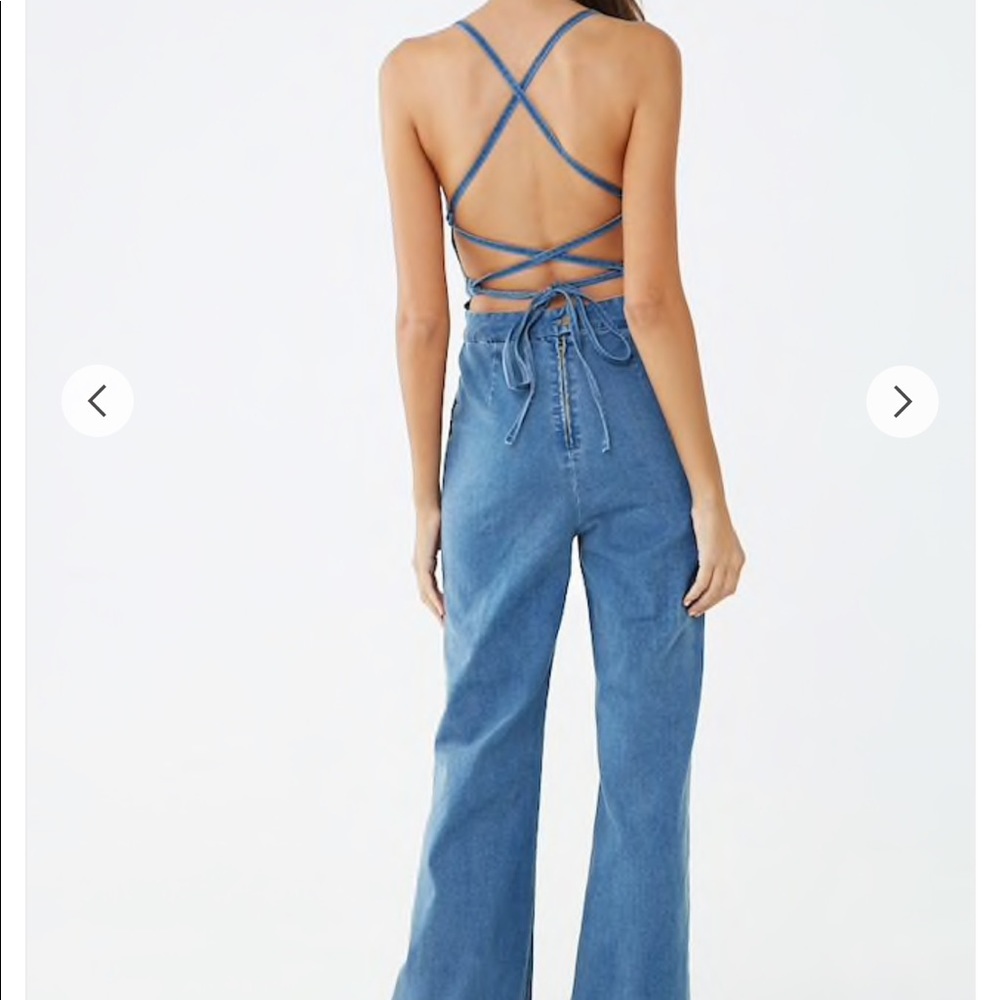 Wide leg denim lace up jumpsuit
